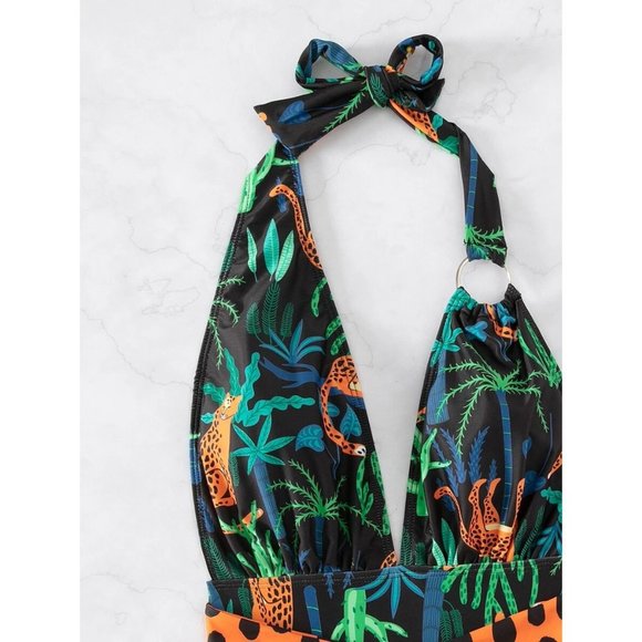 NEW Leopard & Tropical Print Plunging One Piece Swimsuit S - Picture 6 of 6
